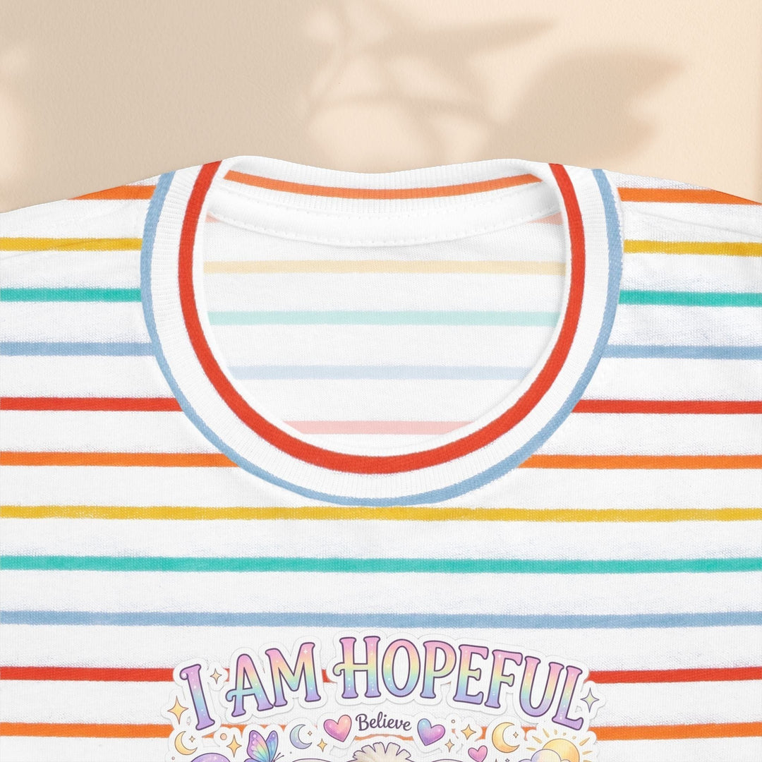 Sea Dragon Dreams toddler tee with colorful horizontal stripes and I Am Hopeful graphic featuring Hope Bunny