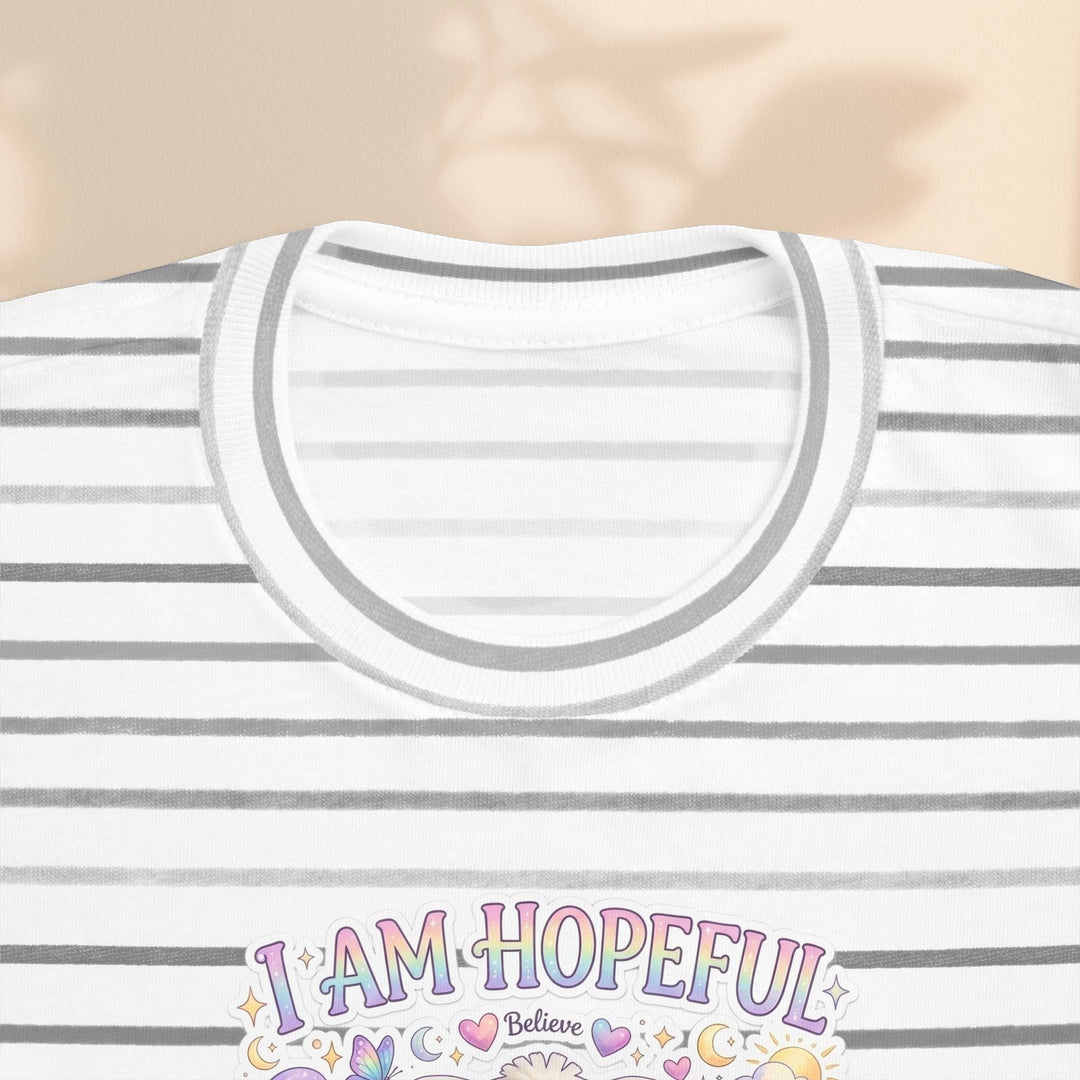Sea Dragon Dreams toddler tee with grey and white stripes, featuring the I Am Hopeful graphic with a cute bunny.