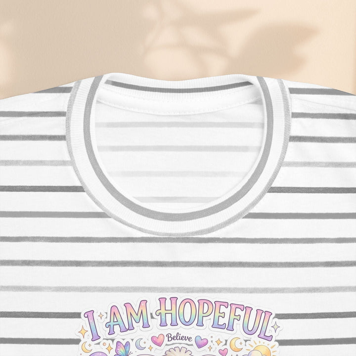 Sea Dragon Dreams toddler tee with grey and white stripes, featuring the I Am Hopeful graphic with a cute bunny.