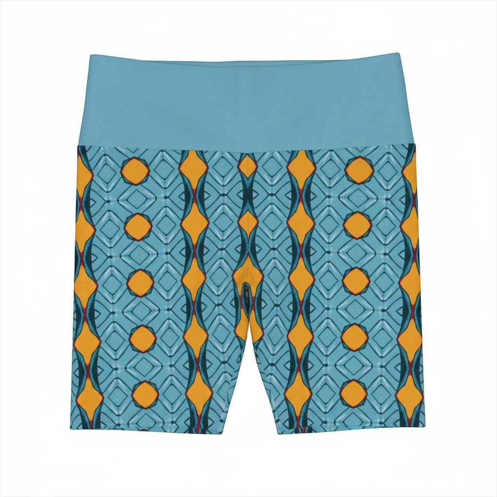 Sea Dragon Dreams women's workout shorts featuring a vibrant blue and orange geometric striped pattern.