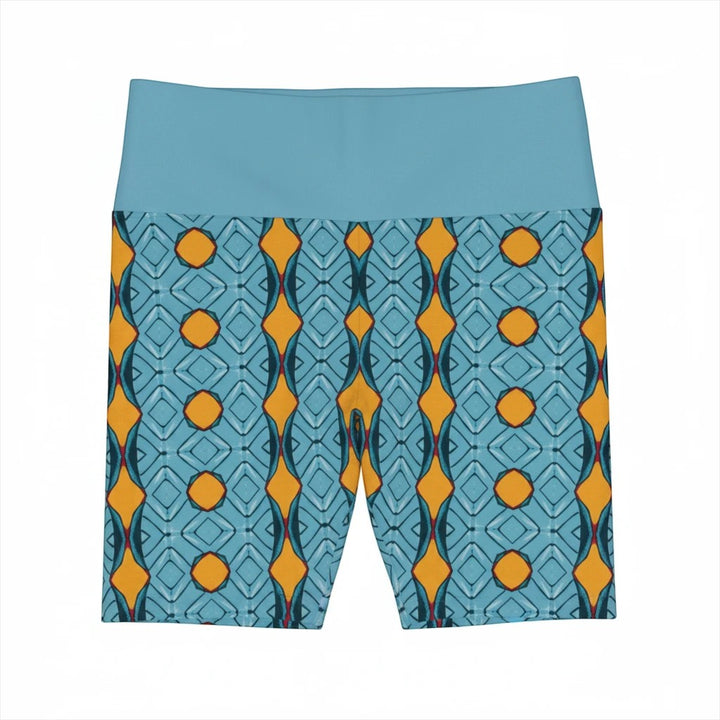 Sea Dragon Dreams women's workout shorts featuring a vibrant blue and orange geometric striped pattern.