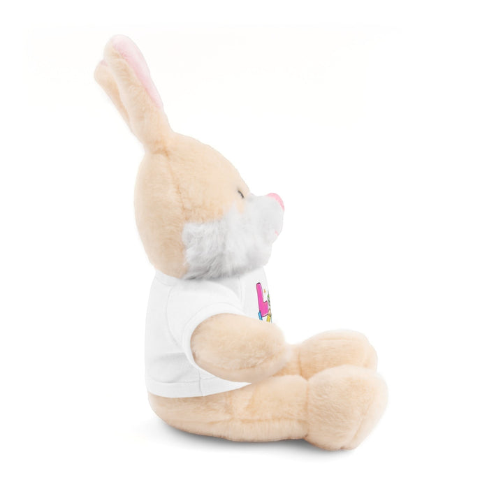 Sea Dragon Dreams stuffed bunny plush toy wearing a white t-shirt with Love Teacher Life print, side profile view.
