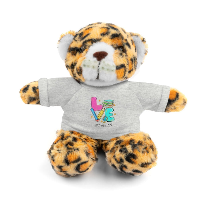 Sea Dragon Dreams stuffed jaguar plush toy wearing a grey cotton t-shirt with a Love Teacher Life graphic print.