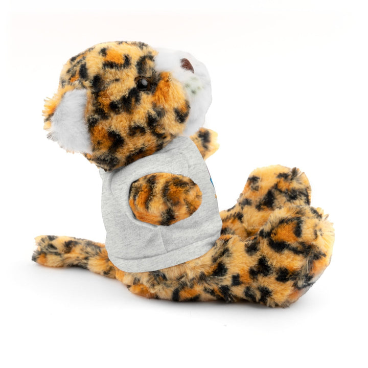 Sea Dragon Dreams stuffed jaguar plush toy wearing a grey cotton t-shirt, side profile view on white background.