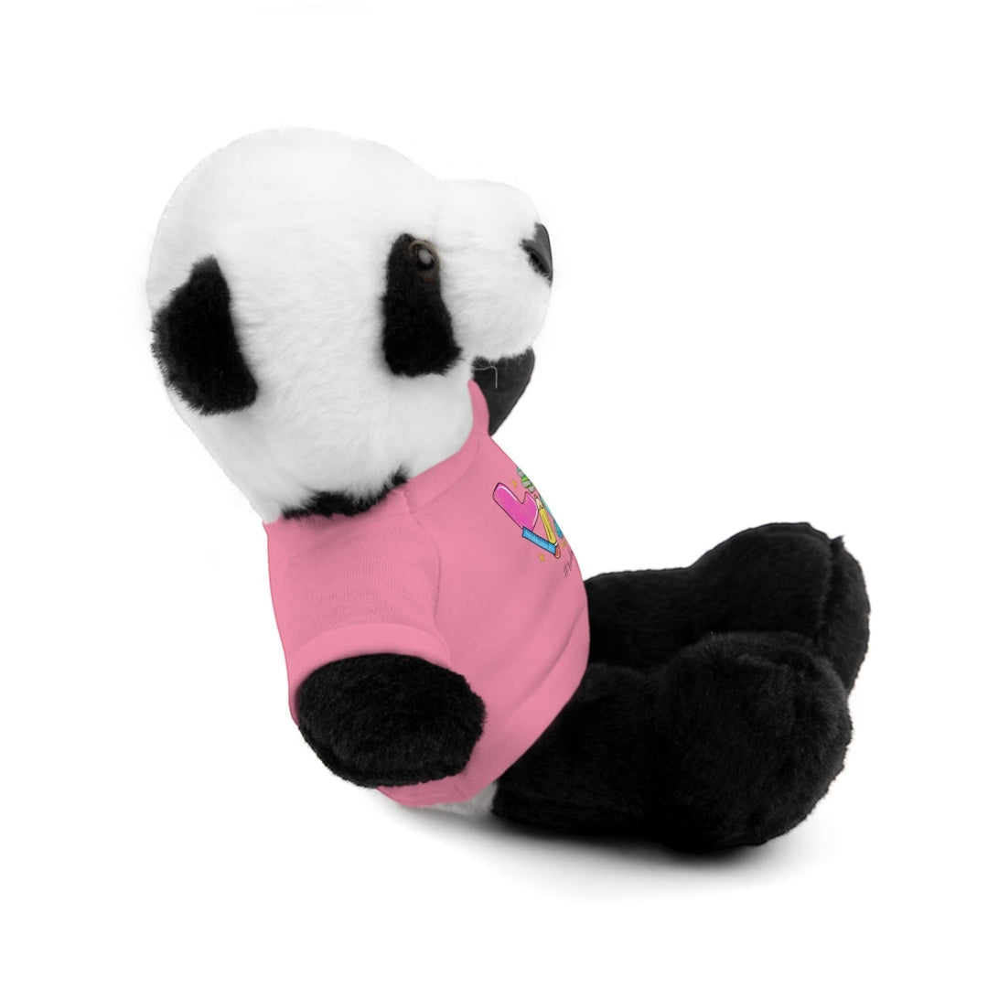 Sea Dragon Dreams stuffed panda toy wearing a pink cotton t-shirt with a Love Teacher Life graphic design