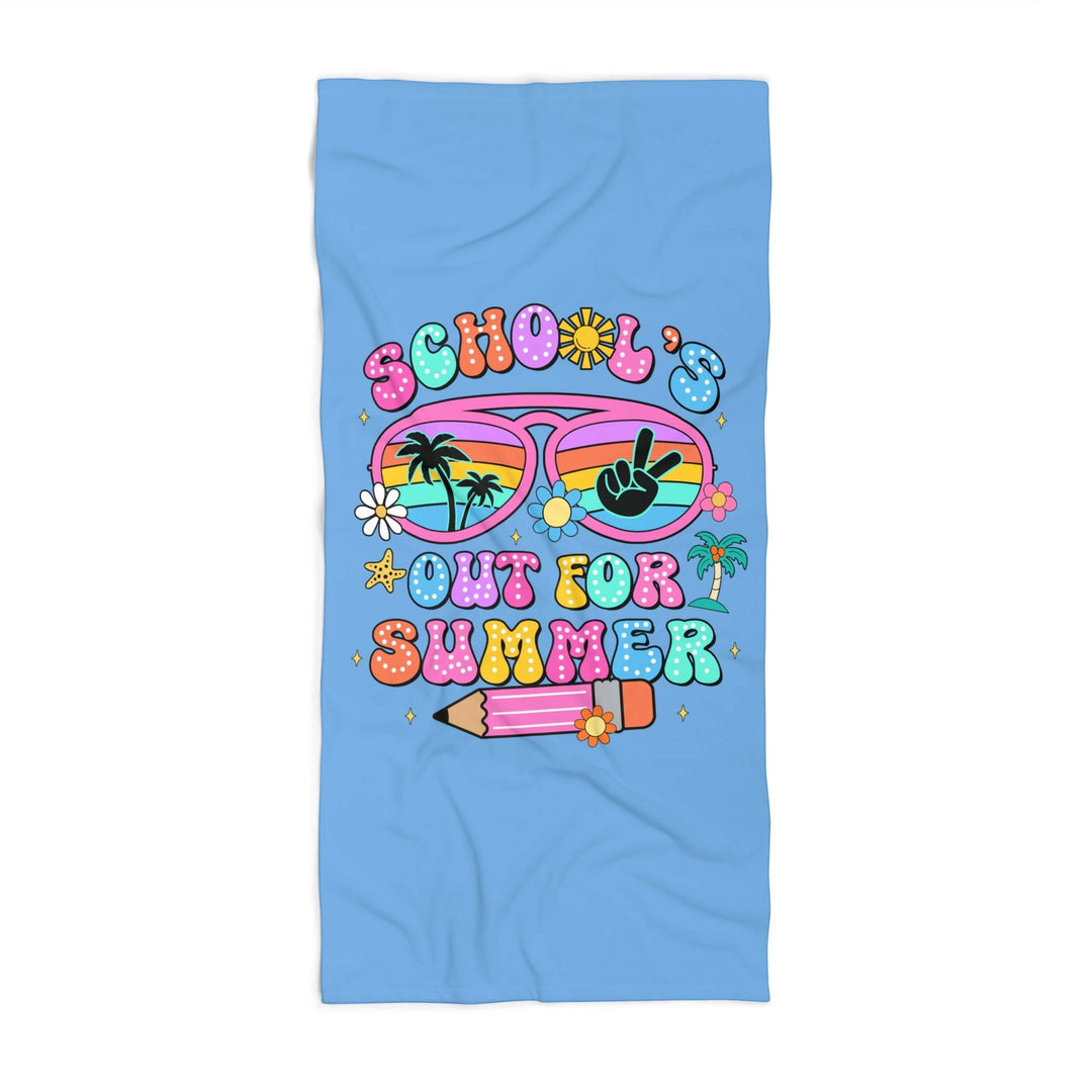 Sea Dragon Dreams School Is Out For Summer beach towel with a vibrant retro graphic on a light blue background.