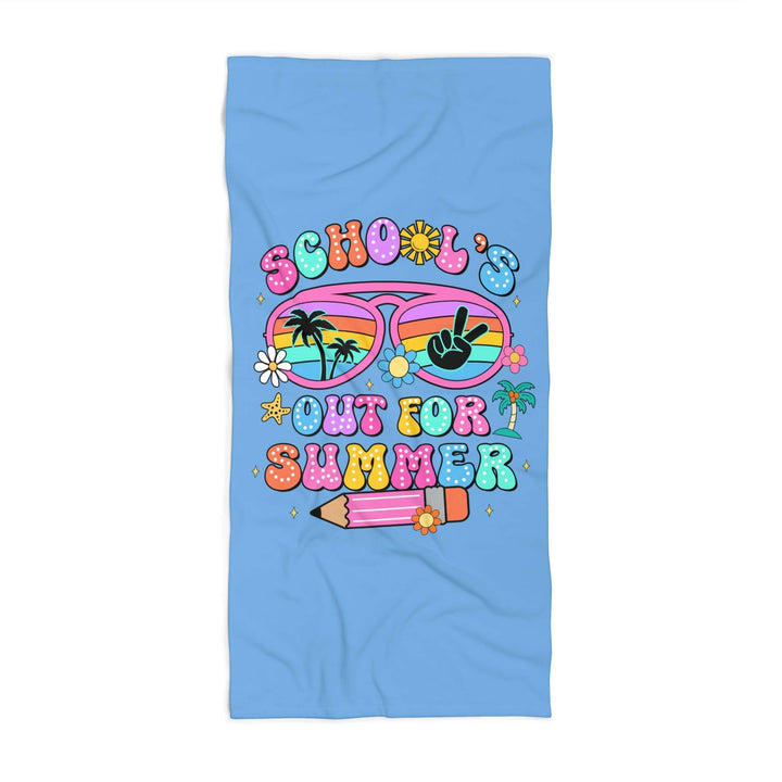 Sea Dragon Dreams School Is Out For Summer beach towel with a vibrant retro graphic on a light blue background.