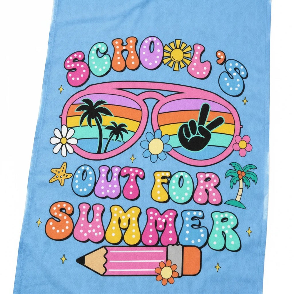 Sea Dragon Dreams School Is Out For Summer beach towel with colorful retro typography, sunglasses, and pencil print.