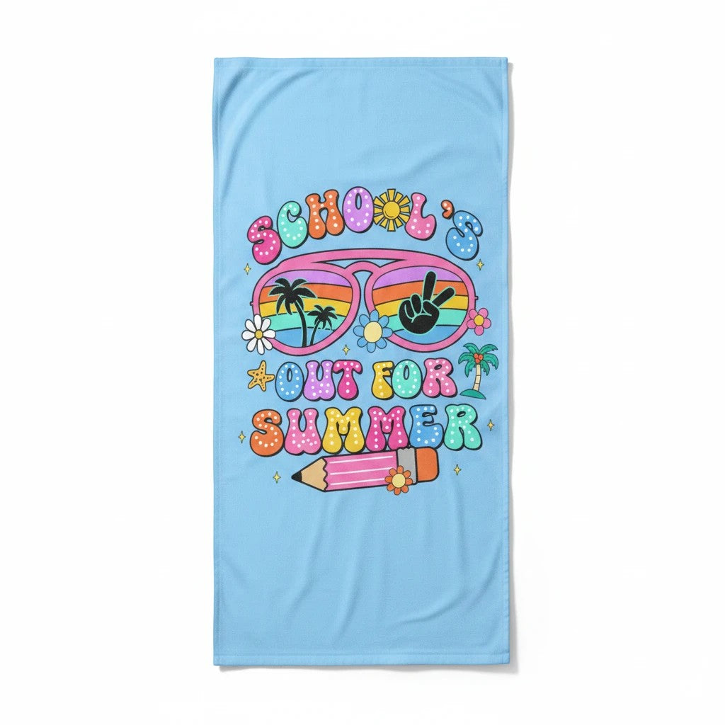 Sea Dragon Dreams School Is Out For Summer beach towel in light blue with colorful retro sunglasses and pencil graphic