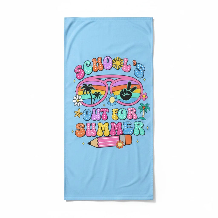 Sea Dragon Dreams School Is Out For Summer beach towel in light blue with colorful retro sunglasses and pencil graphic
