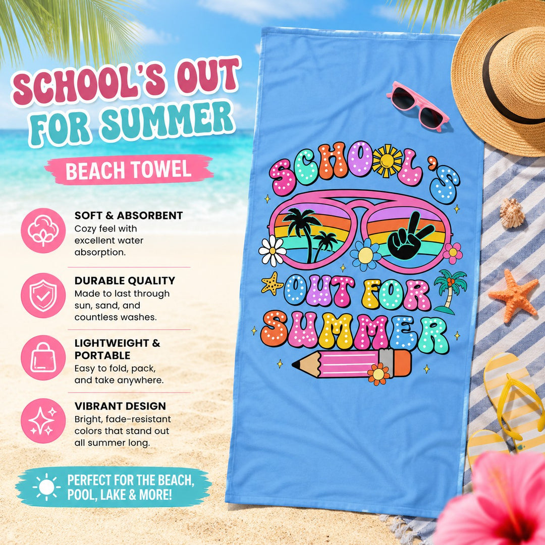 Sea Dragon Dreams School Is Out For Summer beach towel with vibrant retro sunglasses graphic on a sandy beach background.