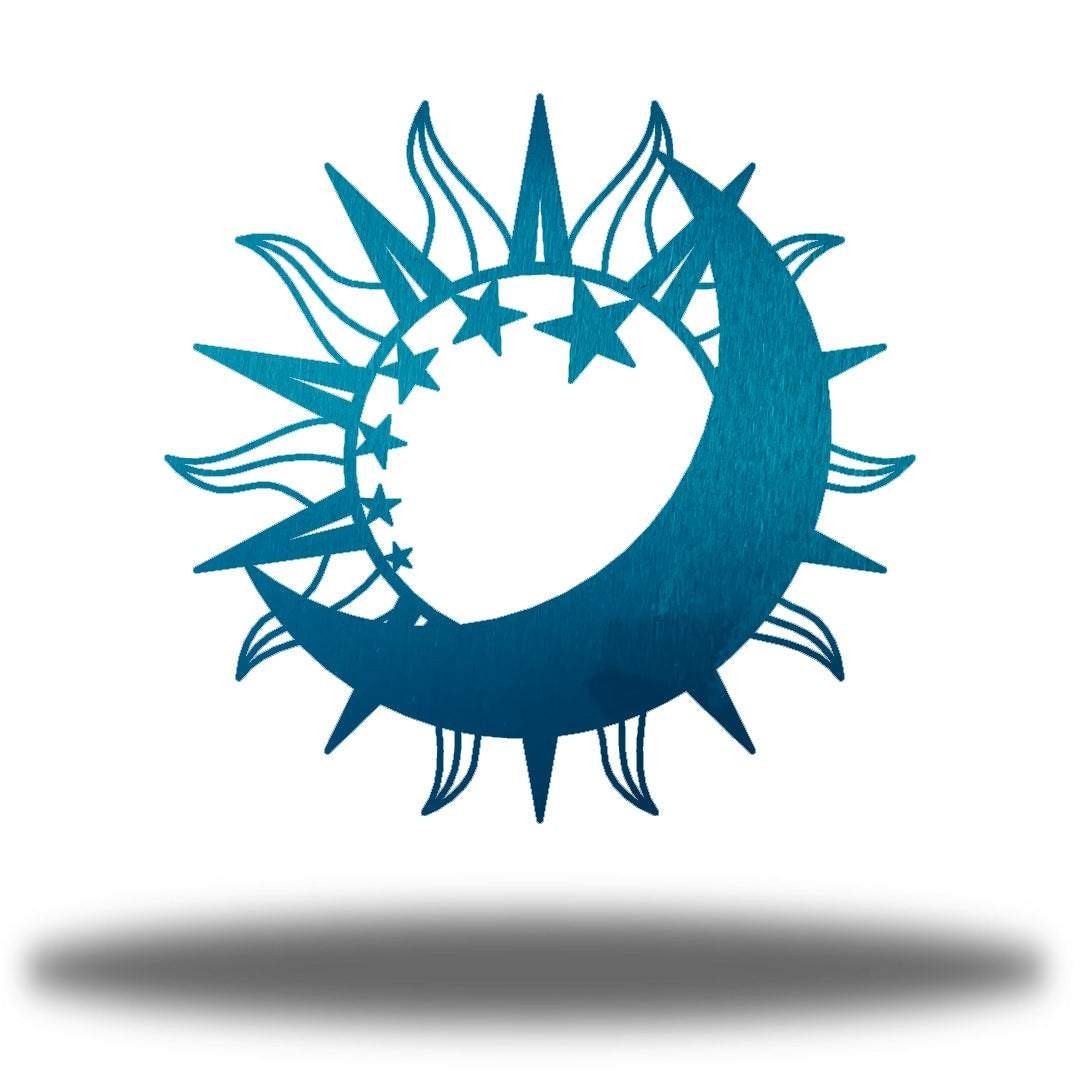 Sea Dragon Dreams sun and moon metal wall art in blue powder-coated steel with celestial star cutouts.