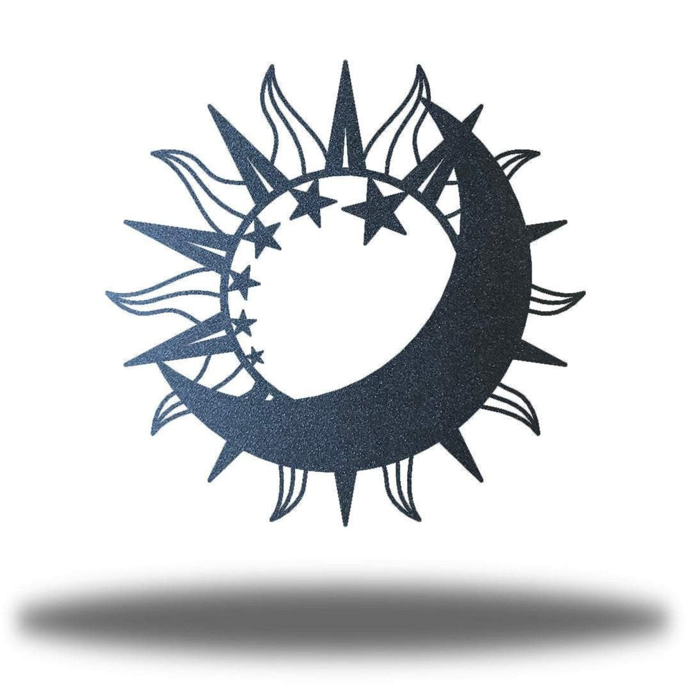 Sea Dragon Dreams sun and moon metal wall art in black powder-coated steel with celestial star design.