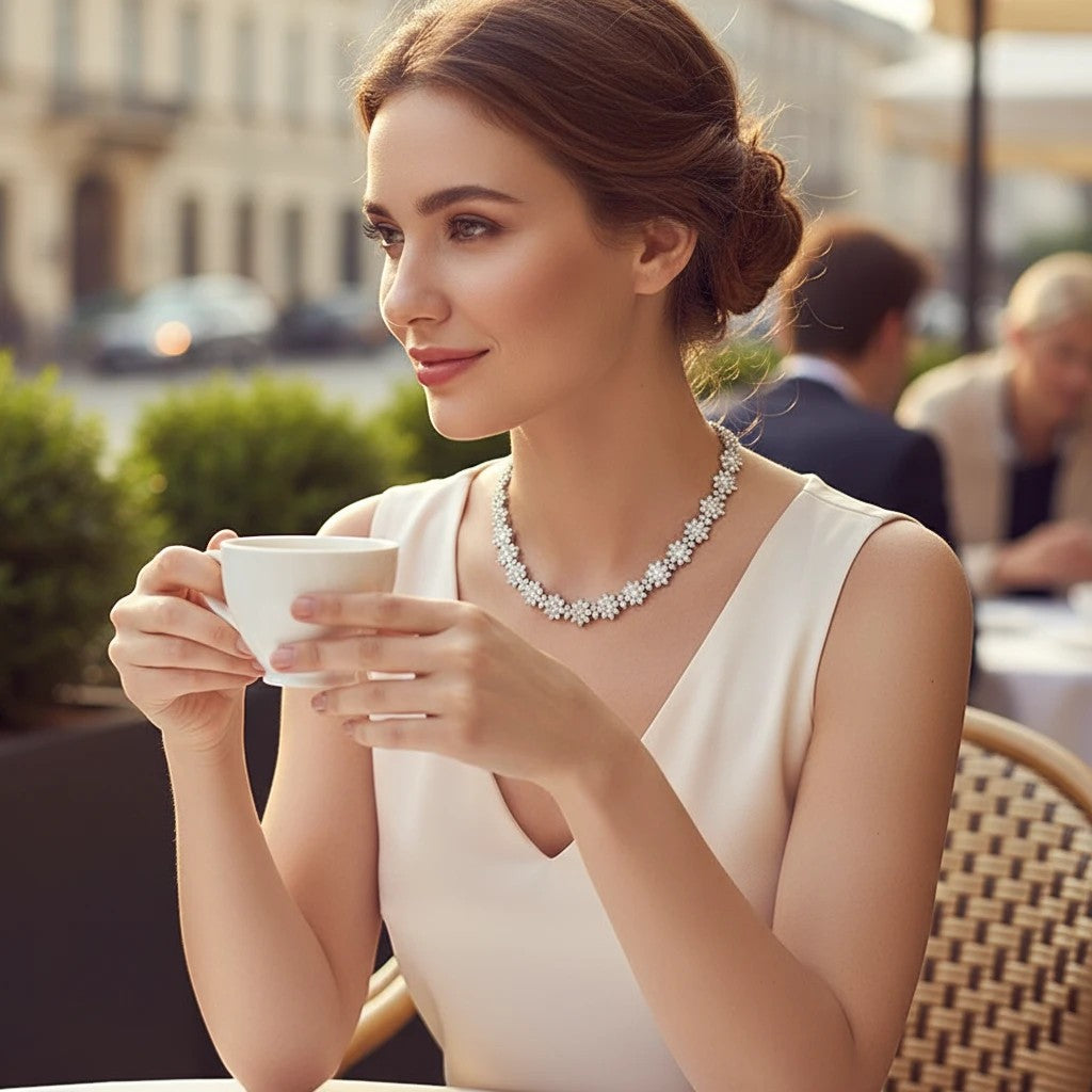 Sea Dragon Dreams sunflower diamond necklace worn by a woman in a white dress at an outdoor cafe