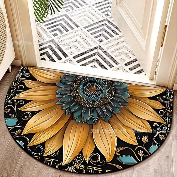 Sea Dragon Dreams half-circle doormat featuring a large yellow and teal sunflower print on a black background.