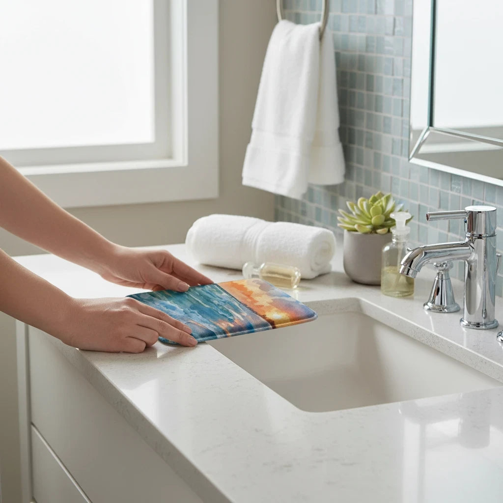 Sea Dragon Dreams Kindle case with a watercolor sunset ocean design resting on a white bathroom vanity countertop.