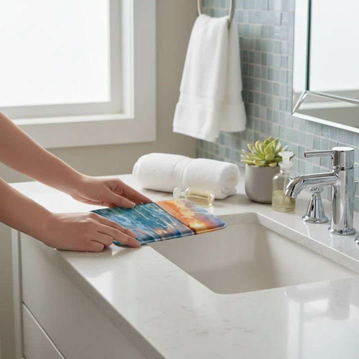 Sea Dragon Dreams Kindle case with a watercolor sunset ocean design resting on a white bathroom vanity countertop.
