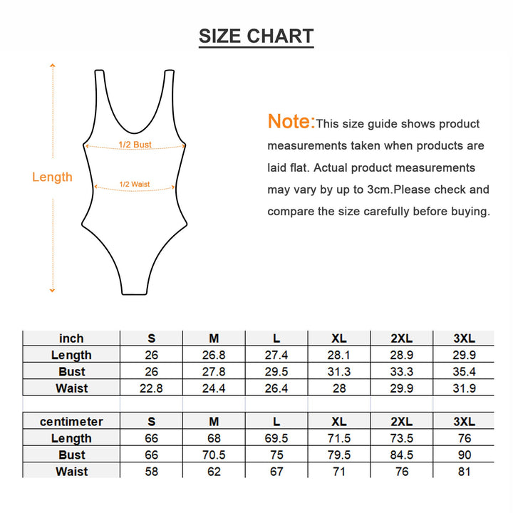 Sea Dragon Dreams Ocean Fire one-piece swimsuit size chart showing flat measurements for bust, waist, and length.