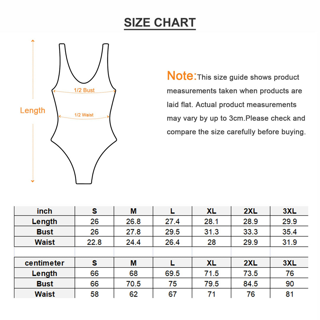 Sea Dragon Dreams one-piece swimsuit size chart showing length, bust, and waist measurements in inches and centimeters.