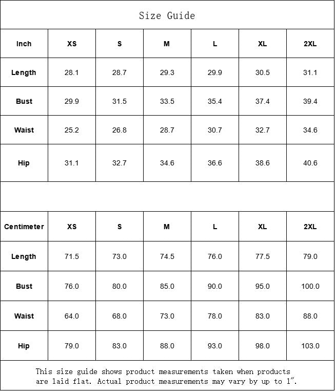 Sea Dragon Dreams size guide table for women's swimwear showing measurements in inches and centimeters for sizes XS-2XL