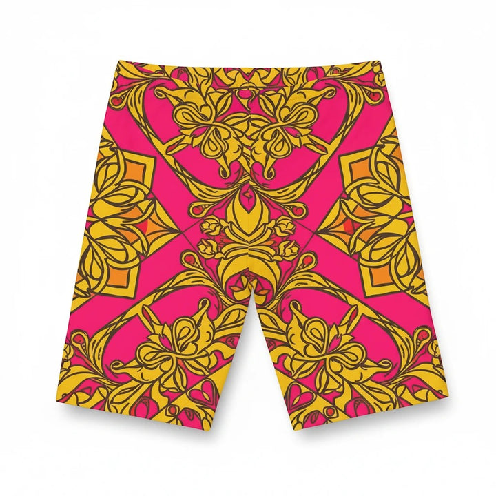 Sea Dragon Dreams Symmetry bike shorts featuring a vibrant pink and gold symmetrical floral pattern in stretch fabric.