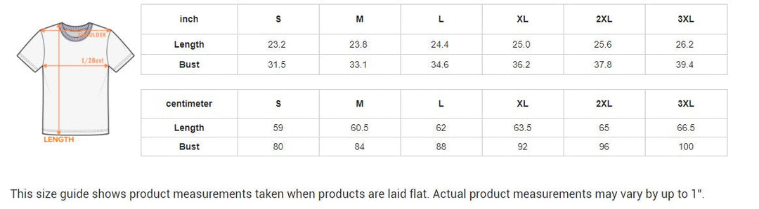 Sea Dragon Dreams size guide chart for women's all-over print t-shirts with length and bust measurements in inches and cm