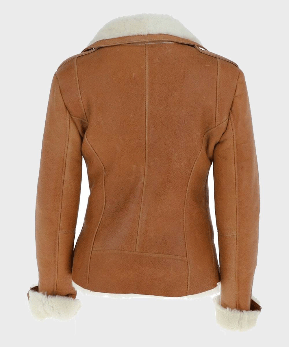 Sea Dragon Dreams tan brown leather jacket with white shearling collar and cuffs, back view