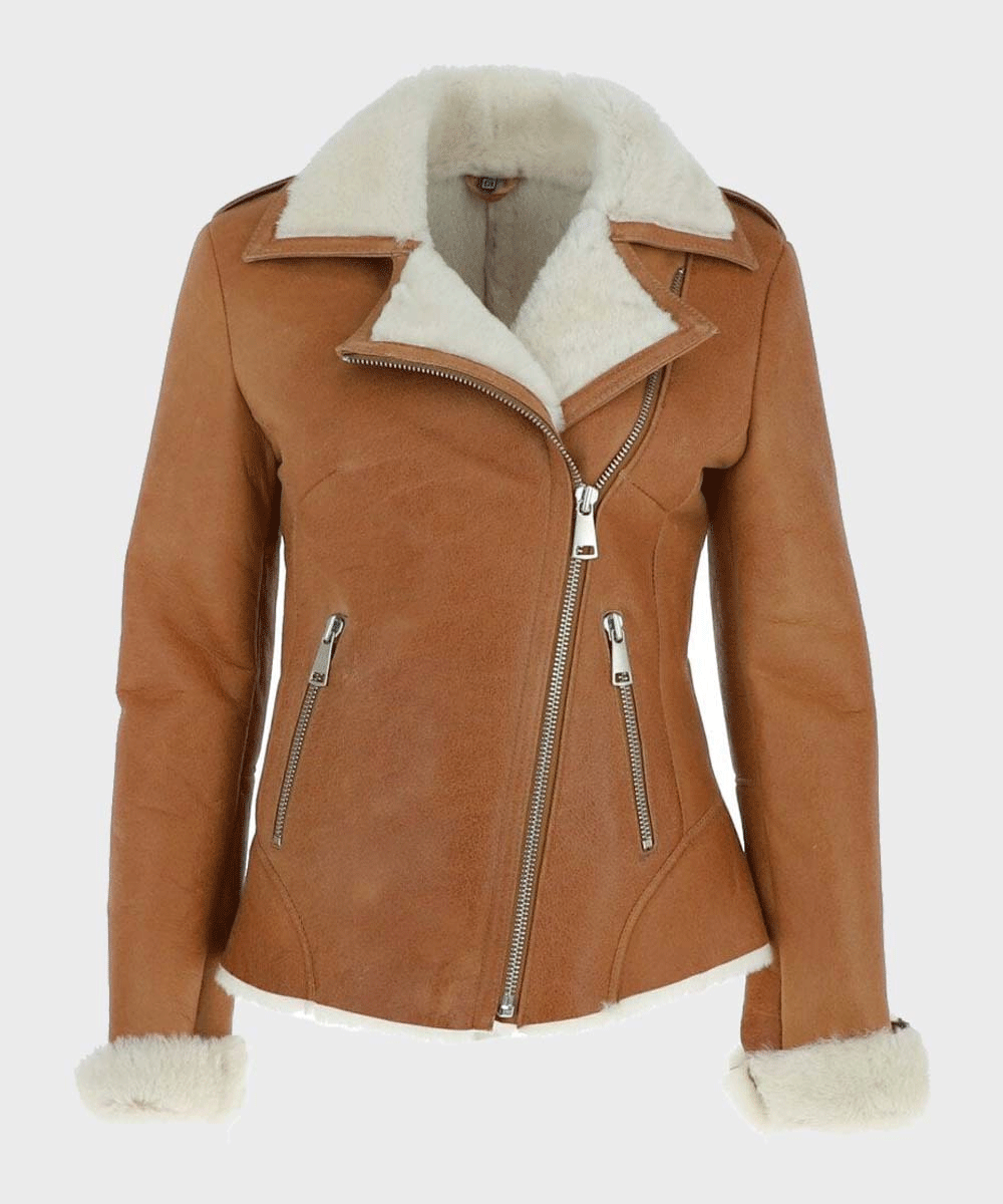 Sea Dragon Dreams tan brown leather aviator jacket with white shearling collar and cuffs and silver zipper details.