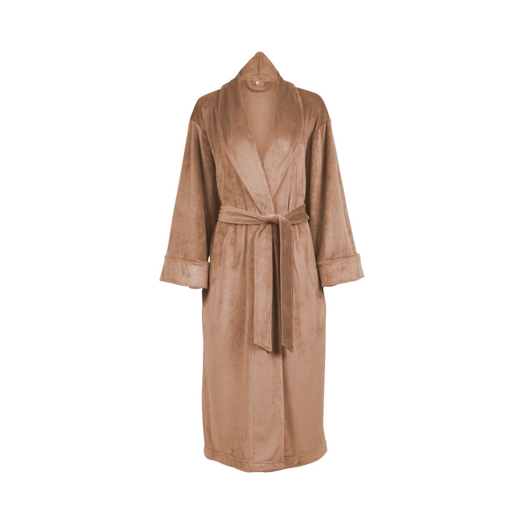 Sea Dragon Dreams plush velour women's robe in a warm tan shade with a tie waist and hood on a black background