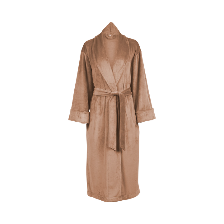 Sea Dragon Dreams plush velour women's robe in a warm tan shade with a tie waist and hood on a black background