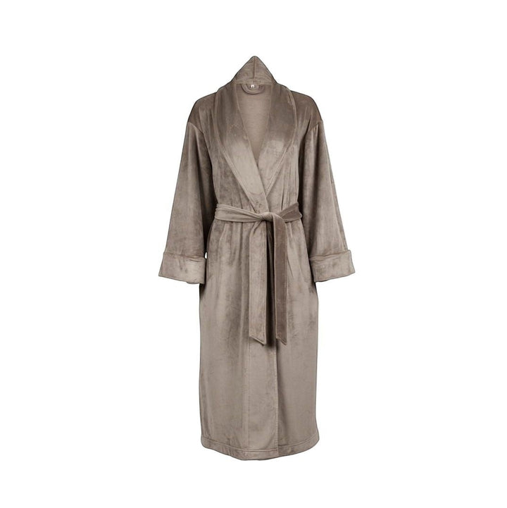 Sea Dragon Dreams plush taupe velour robe with a shawl collar and waist tie for comfortable lounging.