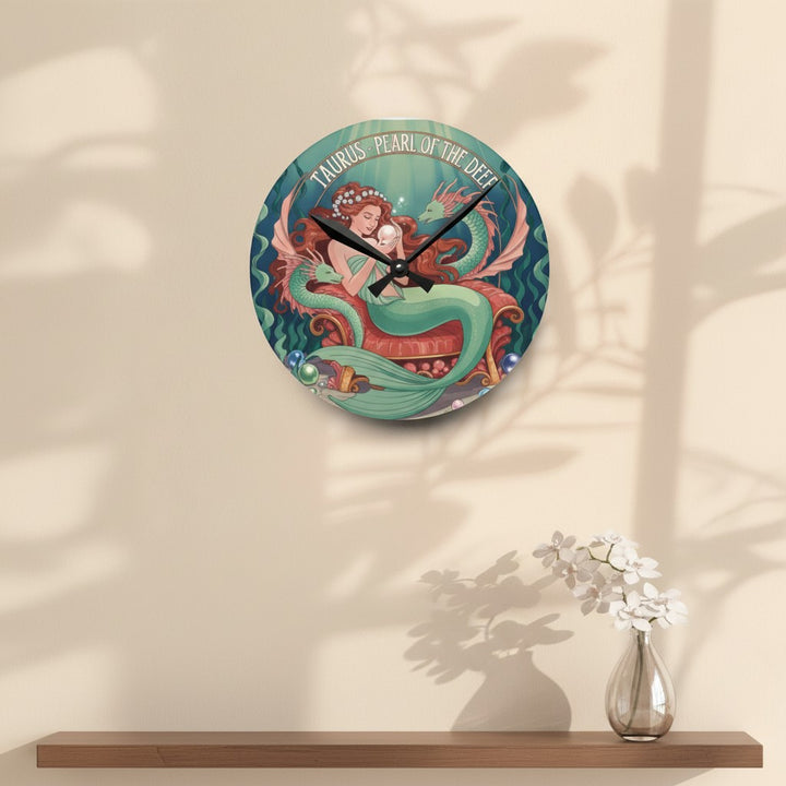 Sea Dragon Dreams round acrylic wall clock featuring a Taurus mermaid illustration with pearls and seaweed.