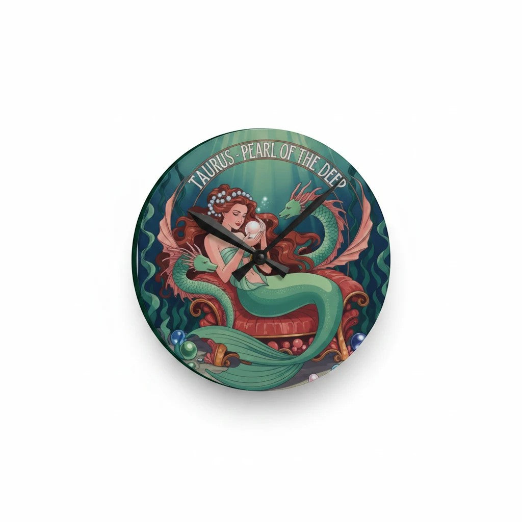 Sea Dragon Dreams round acrylic wall clock featuring a Taurus mermaid illustration with pearls and ocean motifs.