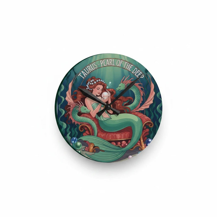 Sea Dragon Dreams round acrylic wall clock featuring a Taurus mermaid illustration with pearls and ocean motifs.