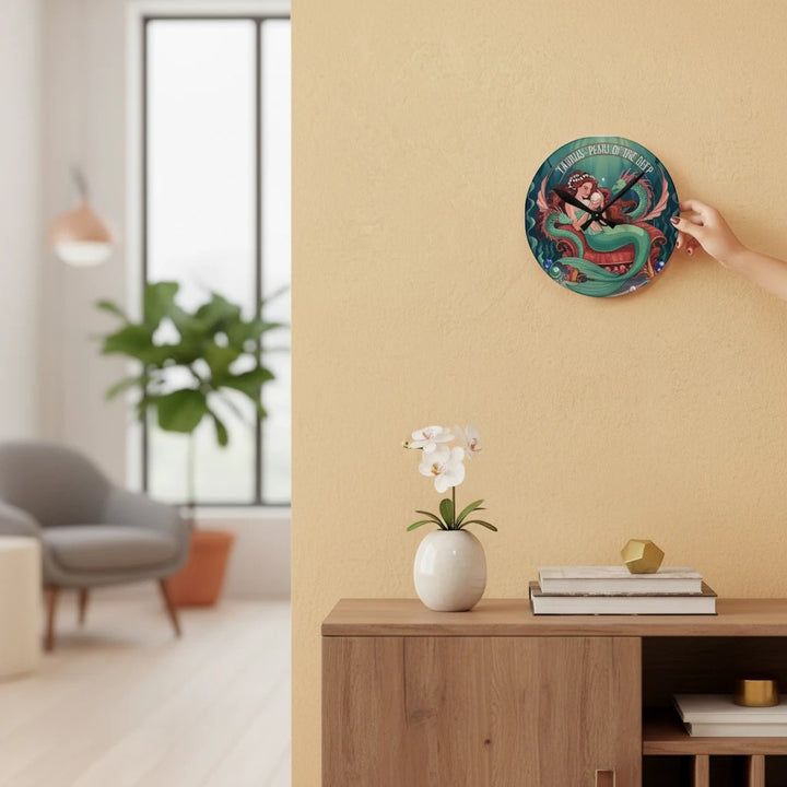 Sea Dragon Dreams Taurus Mermaid round acrylic wall clock featuring mother and child mermaid art on a beige wall