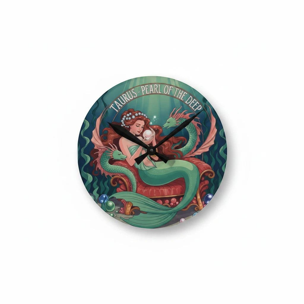 Sea Dragon Dreams round acrylic wall clock featuring a Taurus mermaid illustration with pearls and seaweed artwork.