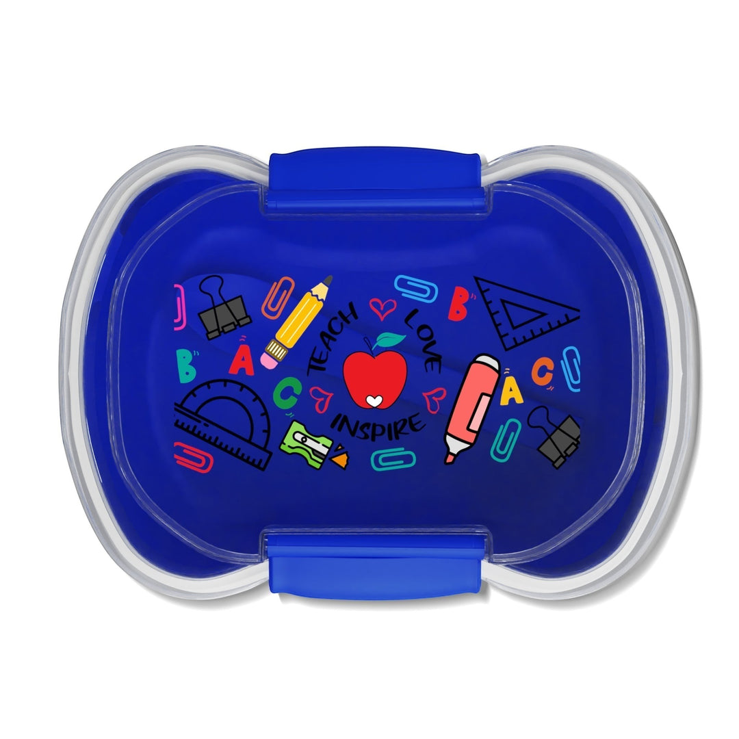 Sea Dragon Dreams Teach Love Inspire two-tier blue bento box with school supply graphics and a central red apple.