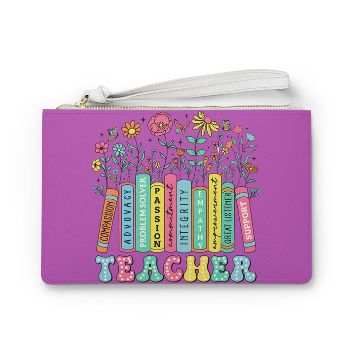 Sea Dragon Dreams purple faux leather clutch bag with teacher appreciation book design and white wrist strap