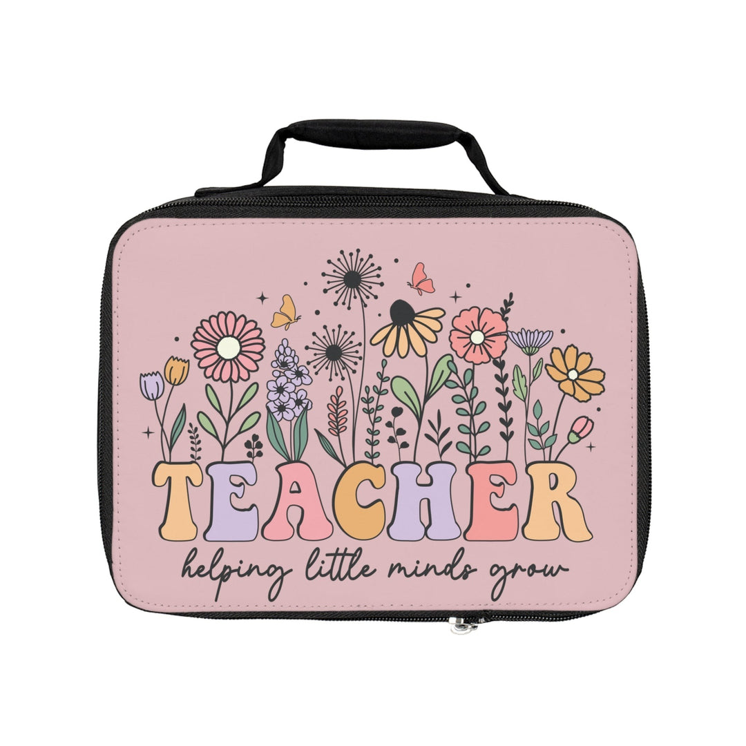 Sea Dragon Dreams insulated polyester lunch bag with a pink floral design and Teacher Helping Little Minds Grow text.