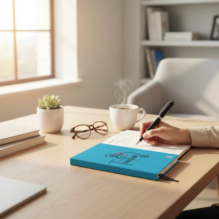 Sea Dragon Dreams hardcover journal with Teacher Love design on a desk with a hand writing in it near coffee and glasses