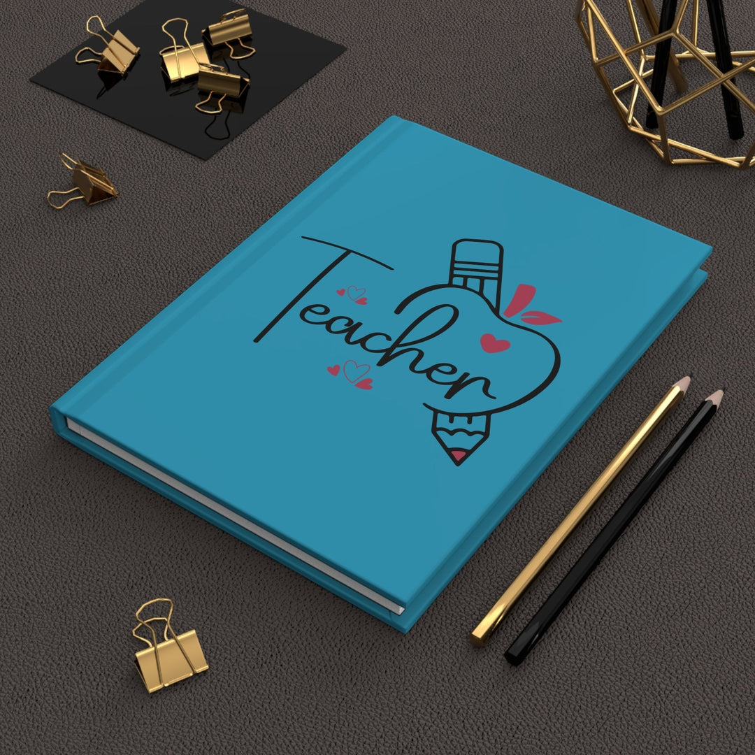 Sea Dragon Dreams Teacher Love hardcover journal with a blue matte finish, featuring a pencil and heart design.