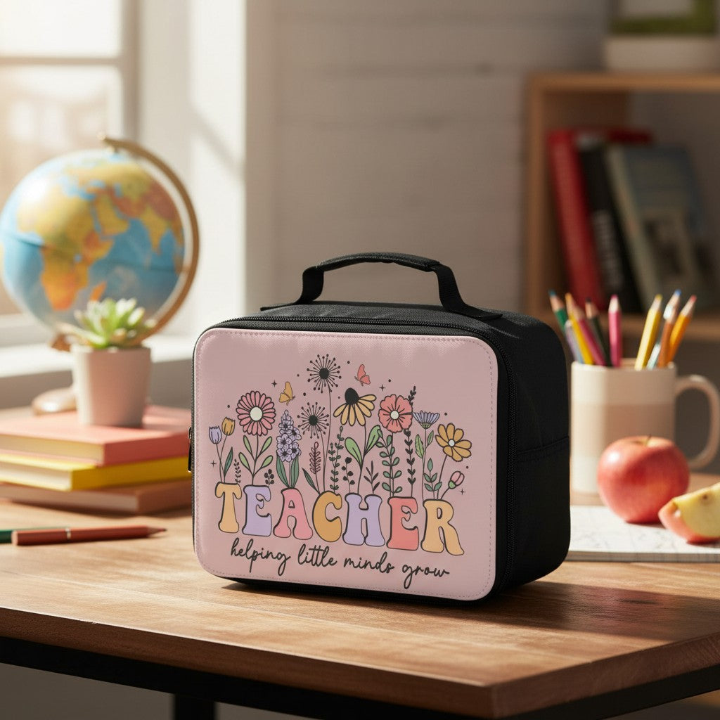 Sea Dragon Dreams lunch bag with Teacher Helping Little Minds Grow floral design on a wooden desk with school supplies.