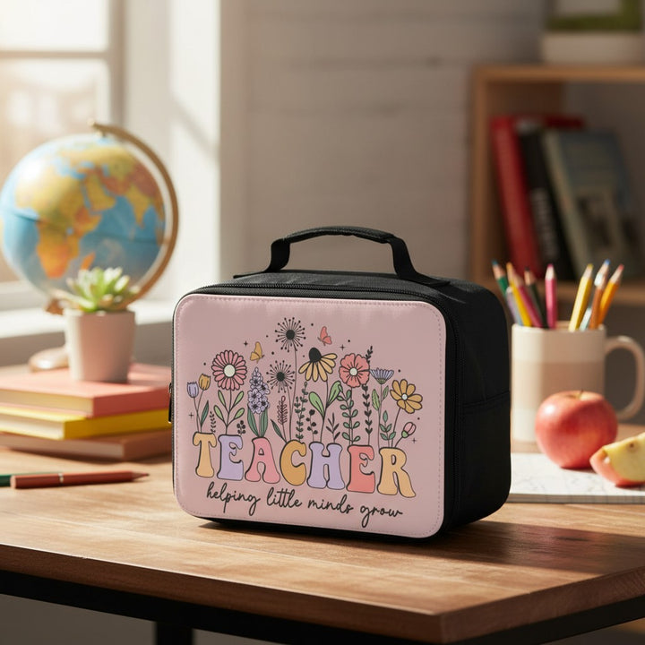 Sea Dragon Dreams lunch bag with Teacher Helping Little Minds Grow floral design on a wooden desk with school supplies.