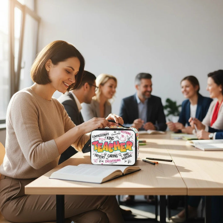 Sea Dragon Dreams Teacher Time lunch bag with colourful teacher appreciation text on a desk in a meeting room