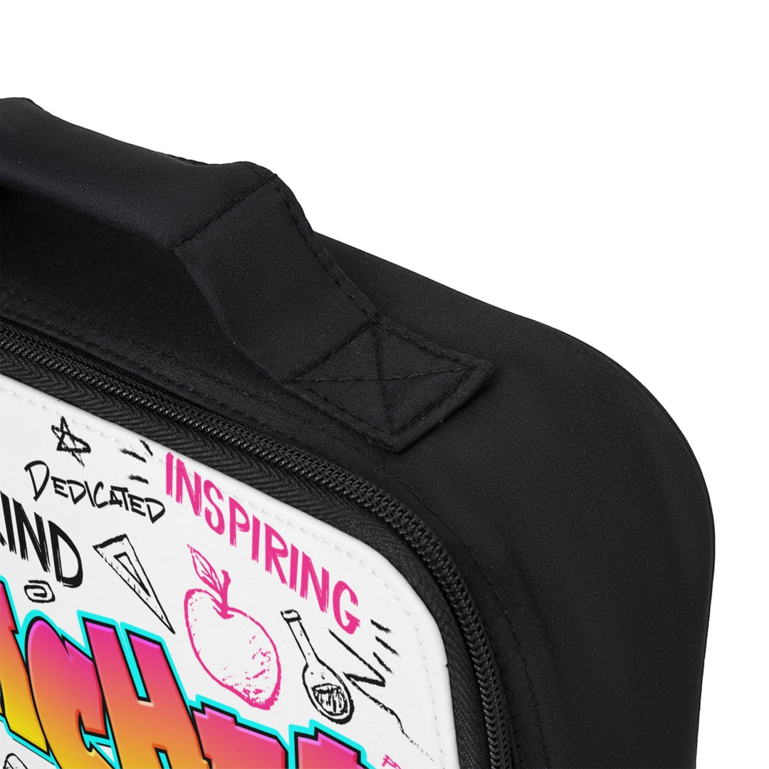 Sea Dragon Dreams Teacher Time lunch bag with black polyester base, white printed panel, and sturdy carrying handle.