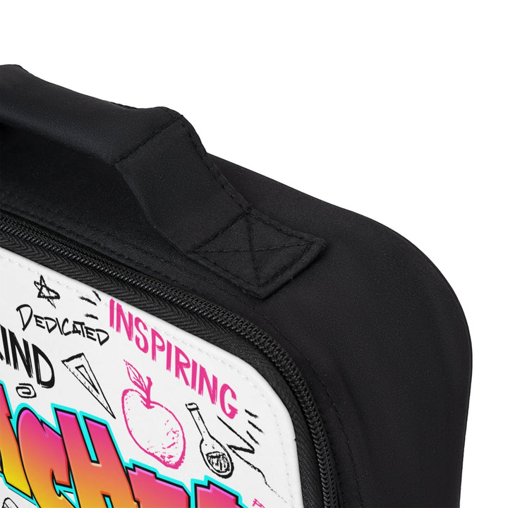 Sea Dragon Dreams Teacher Time lunch bag with black polyester base, white printed panel, and sturdy carrying handle.