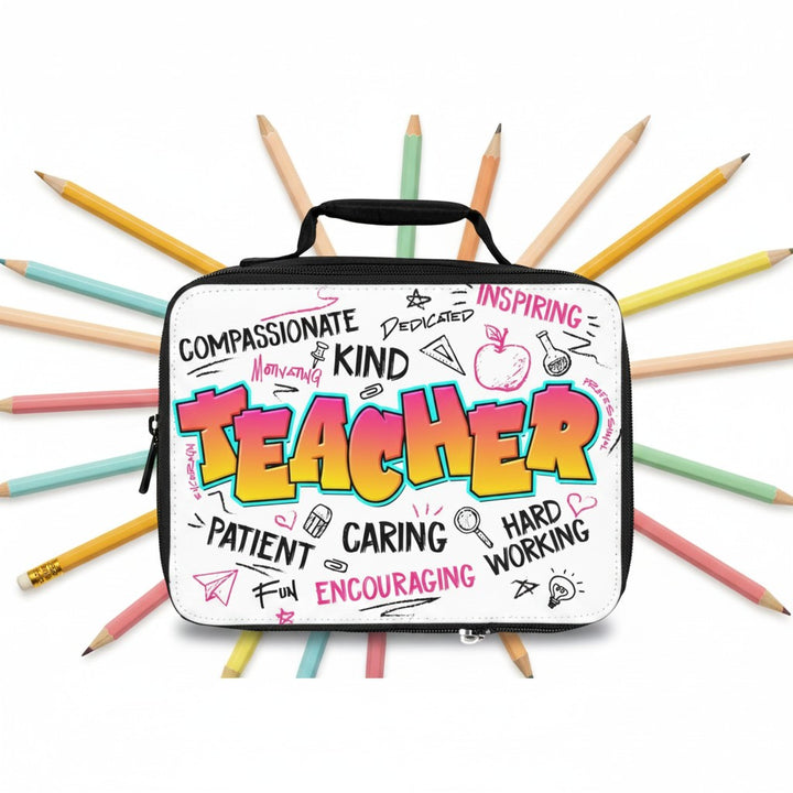 Sea Dragon Dreams Teacher Time lunch bag with colourful teacher-themed typography and pencils on a white background.