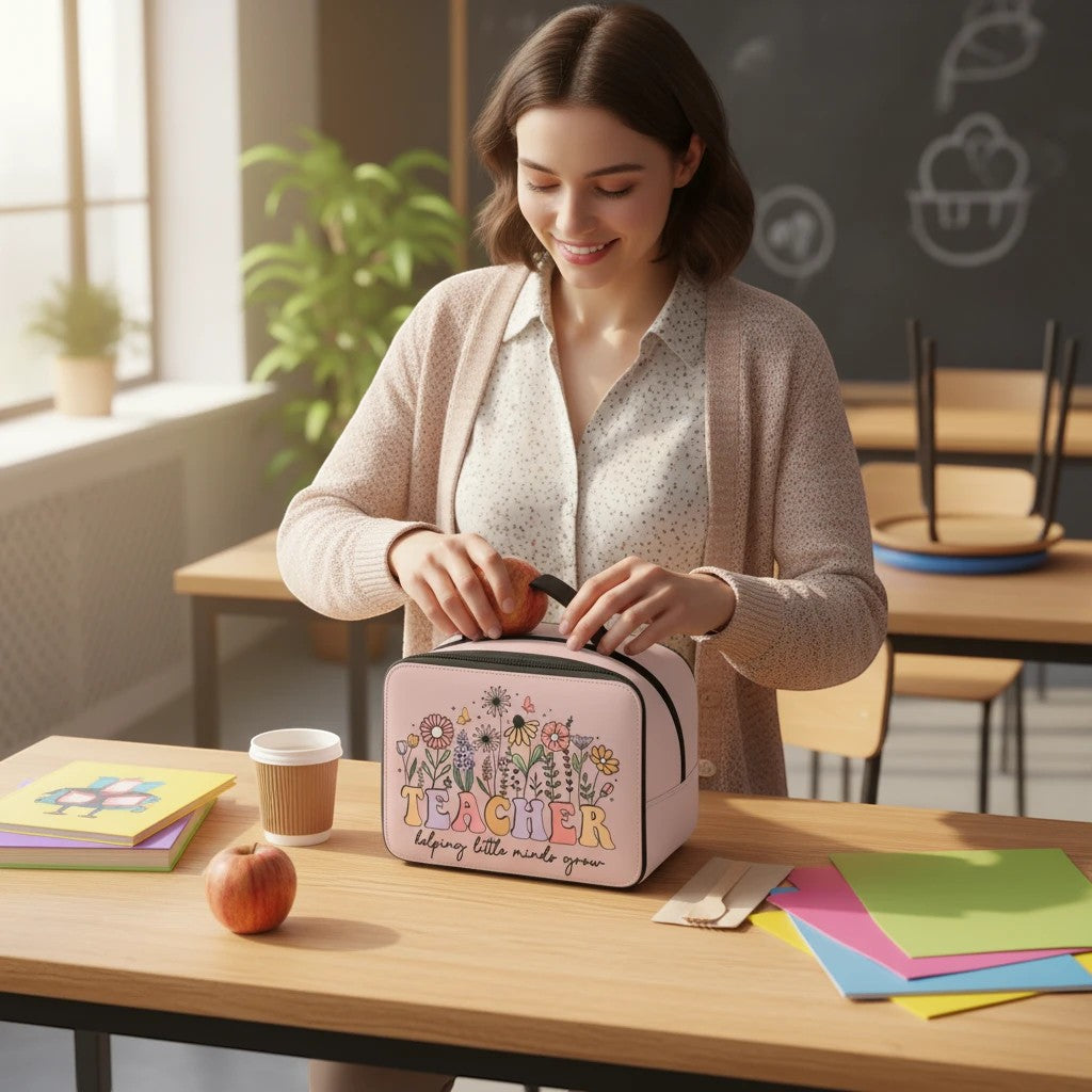 Sea Dragon Dreams lunch bag with floral Teacher Helping Little Minds Grow design, held by a teacher in a classroom.