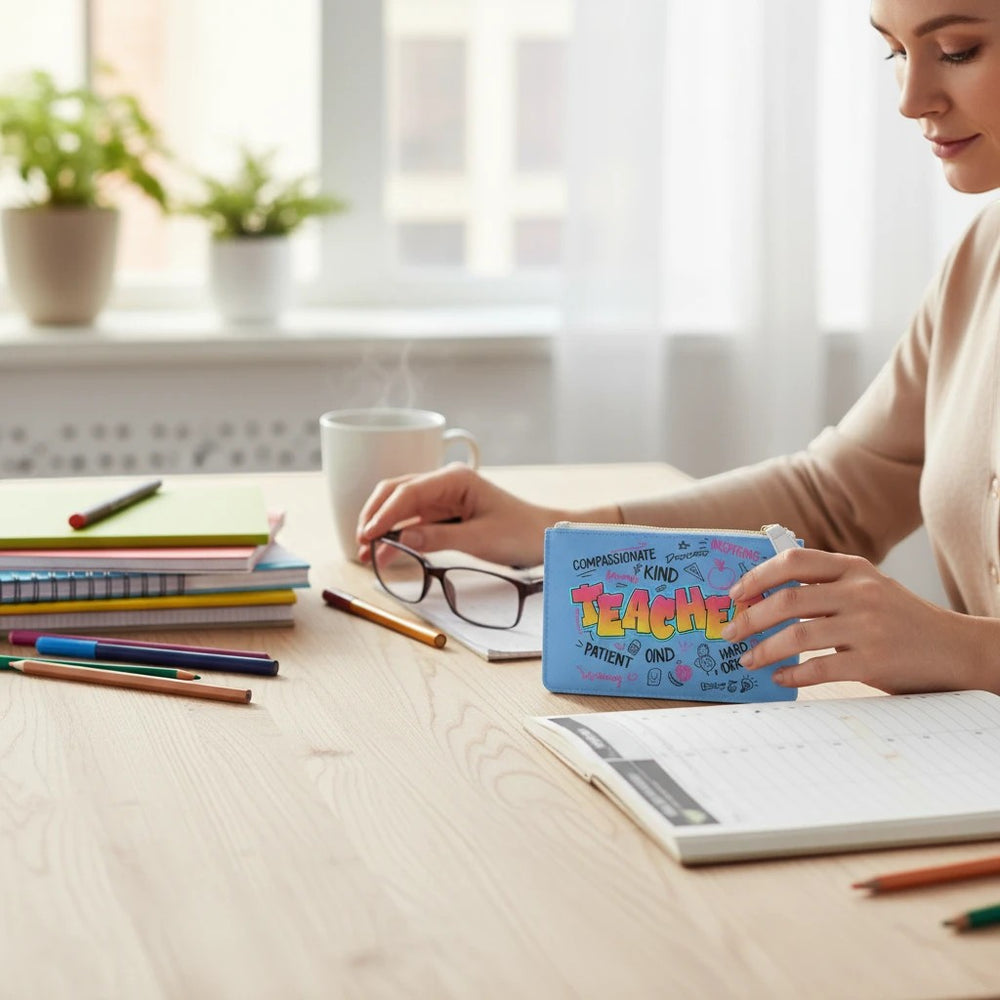 Sea Dragon Dreams teacher-themed mini clutch bag in blue vegan leather held by a woman at a desk with school supplies.