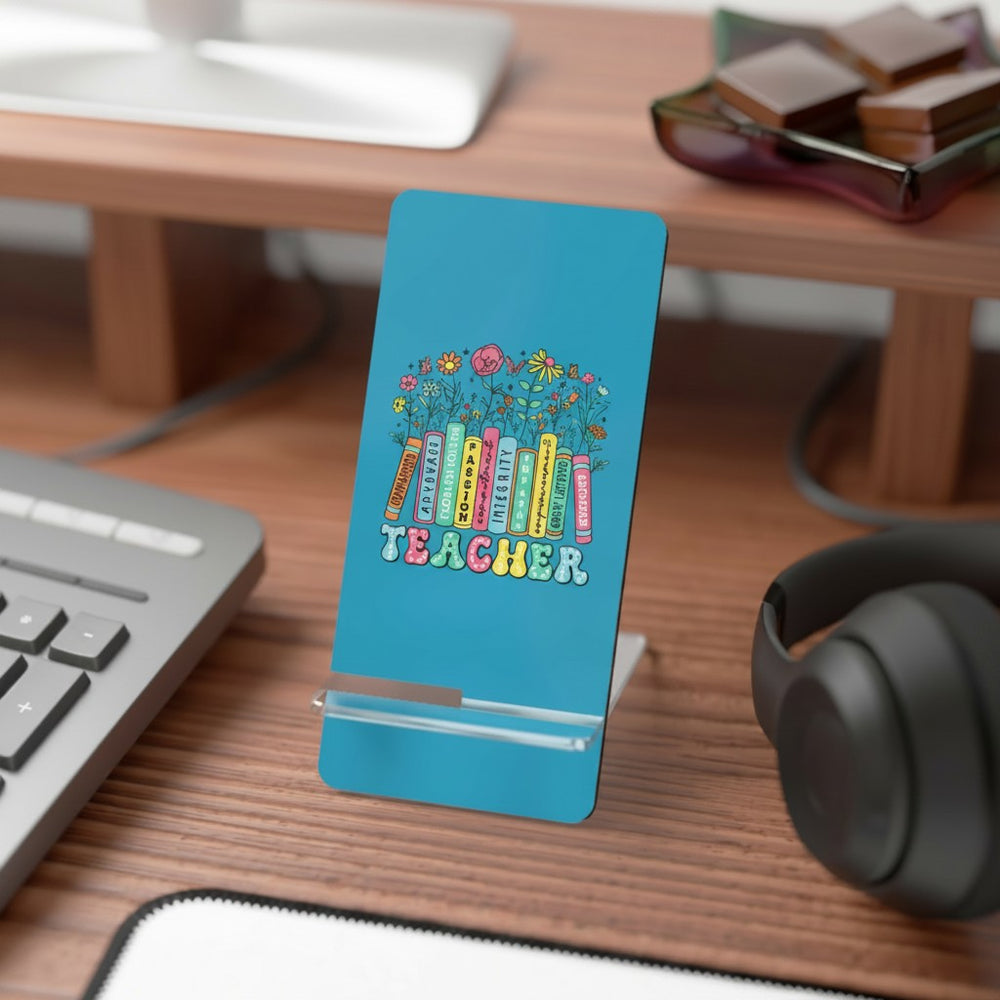 Sea Dragon Dreams mobile display stand with a blue glossy finish and colorful teacher-themed book illustration.